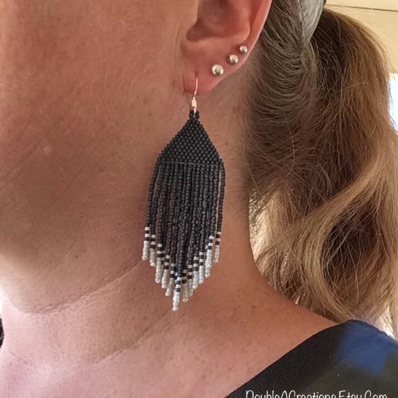 DARK Gray With Light Gray Tips Handmade Beaded Earrings,New, Handmade by Me - Picture 6 of 8